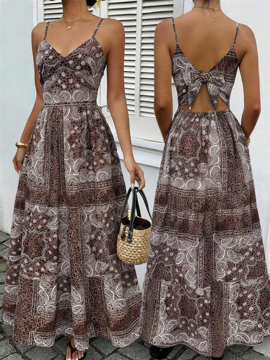 EMERY ROSE Đầm hai dây buộc phía trước, họa tiết paisley, hở lưng, thích hợp cho nữ, mùa hè, đi nghỉ mát. - Volcanic Gray - Xem 1