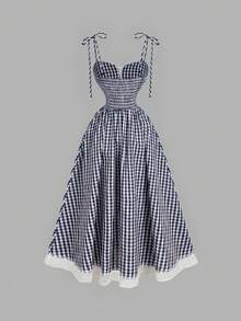 SHEIN MOD 红白格子浪漫可爱乡村风中长连衣裙 - 藏蓝色 - 查看 3
