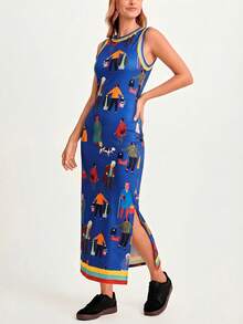 CAJUNI People's Market Print Knit Mid Dress,Summer Dresses For Women, - Royal Blue - View 4