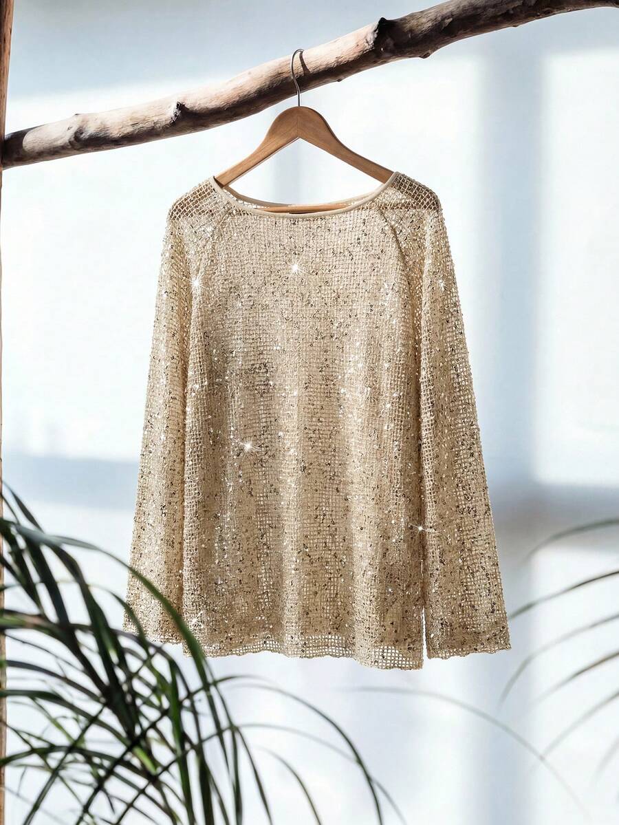 Zanirela 女士亮片镂空露肩闪亮上衣，适合日常通勤 - 卡其色 - 查看 1