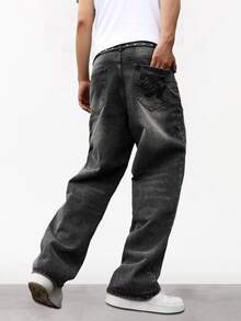 Chillumni Men's Grey Embroidered Casual Loose Fit Jeans Grey Baggy Jeans - Grey - View 2