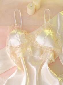 Women's Sexy Mesh Contrast Lace Camisole Nightgown & Robe Set, Cute Sleepwear - Apricot - View 3