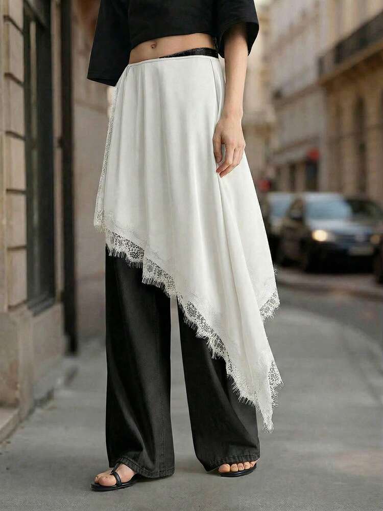 Women's Lace Trim Asymmetrical Hem Casual Versatile Date Night Skirt All-Season Versatile Modern Urban Fashion Business Casual Women's Wear Office Attire Understated Old-Money Style, Elegant And Sophisticated, High-Quality Commuter And Airport Women's Wear Bohemian Style Vacation Outfits Seaside Women's Clothing, Country Music Concert Style, Western Style Clothing, Nomadic Casual Fashion Boho