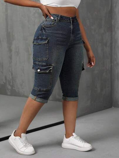 SHEIN SXY Pantalones capri de mezclilla elásticos de talla grande, de moda y versátiles