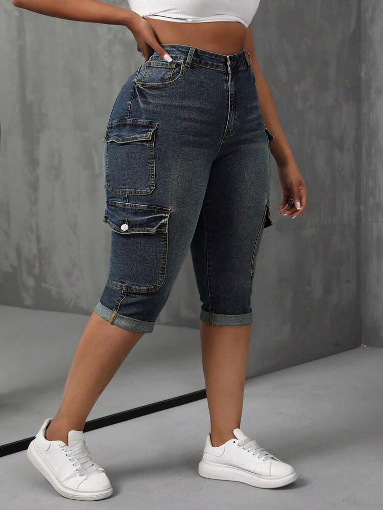SHEIN SXY Plus Size Elastic Denim Capri Pants, Fashionable & Versatile - Blue - View 1