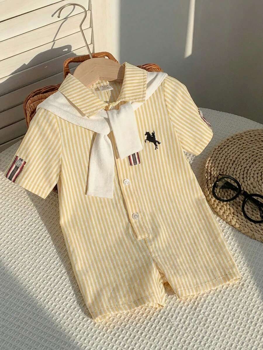 SHEIN Unisex Newborn Baby 2pcs/Set Blue & White Striped Short Sleeve Romper And Khaki Knit Shawl Set, Spring/Summer Baby Boy Clothes, Outfits - Yellow - View 1