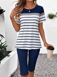 EMERY ROSE Women's Casual Striped Pattern 2 Pieces Set,Navy Blue And White Summer Outfits,Short Sleeve Nautical Top And Capri Pants Vacation Matching Sets - Multicolor - View 5