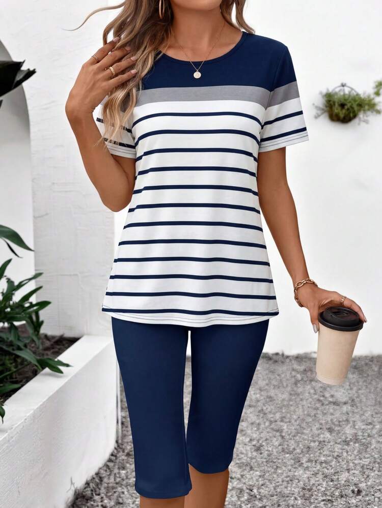 Casual Striped Pattern 2 Pieces Set For Women, Suitable For Summer Summer Outfits For Women Casual Sets For Women Summer Set Short Sets For Women Matching Sets For Women Summer Two Piece Set Outfit For Women Set Casual Nautical Outfits For Women Summer Outfits For Women Capri Two-Piece Set 2-Piece Going Out Sets For Women Matching Sets For Women