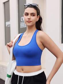 SHEIN Yoga Basic Sujetador deportivo sin costuras de unicolor con espalda de tirantes - azul real - Ver 6