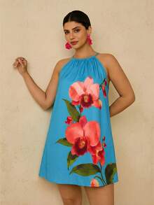 Travachic Plus Size Romantic Green Floral Print Halter Tie Strap Vacation Mini Dress For Women - Baby Blue - View 5