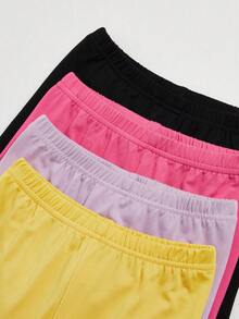 4pcs/Set Girls' Black Solid Color Minimalist Comfortable Tight Shorts & Leggings - Multicolor - View 7