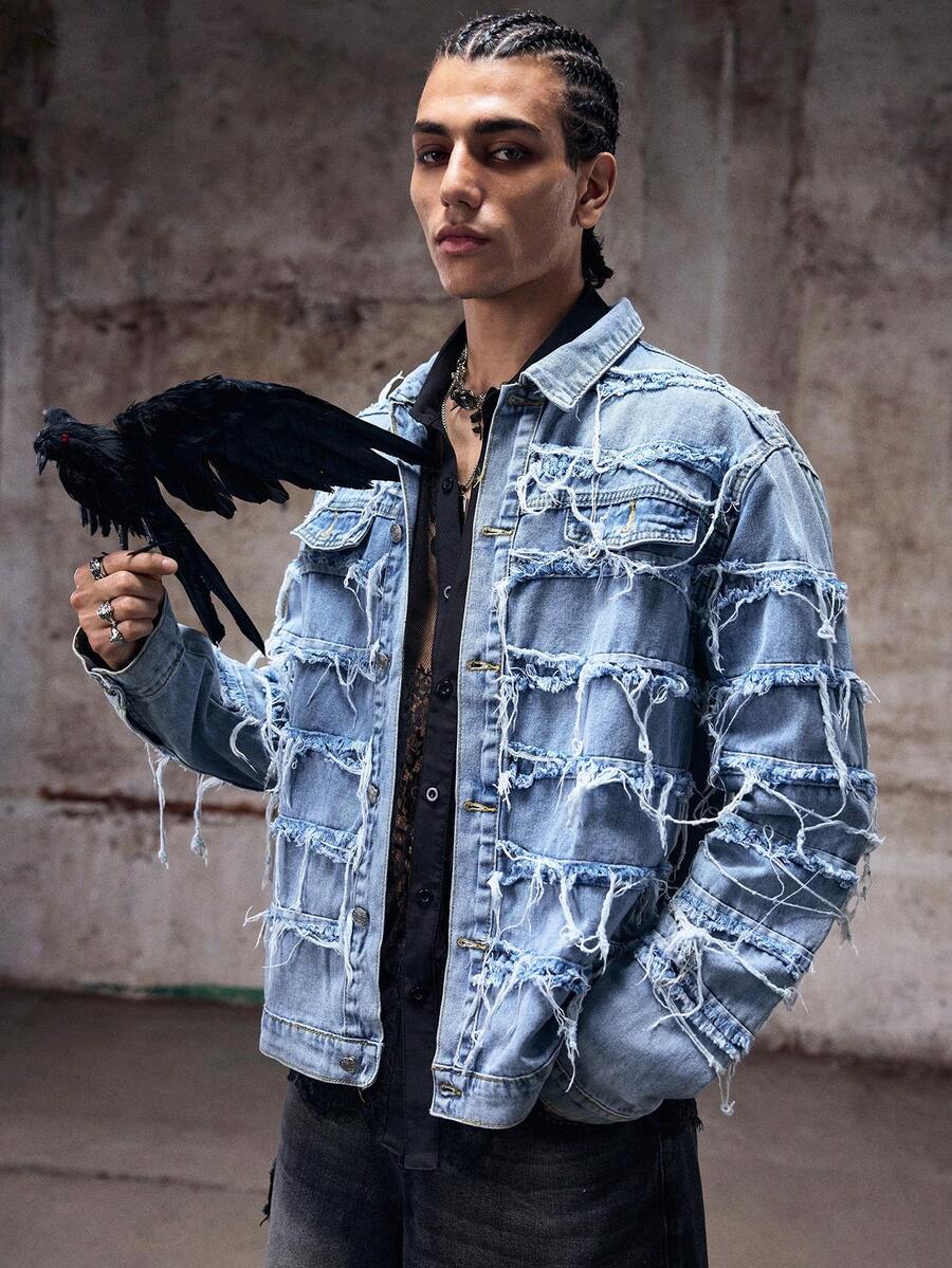 Men's Long Sleeve Distressed Denim Jacket With Fringe Collar, Retro Fashion Slim Fit Denim Top, Emo Style, For Fall