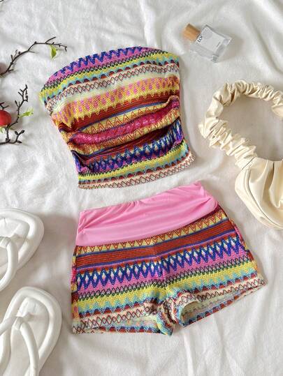 SHEIN 少女针织提花背心和宽松短裤两件套，休闲波西米亚风假日音乐节流苏撞色条纹背心和短裤套装