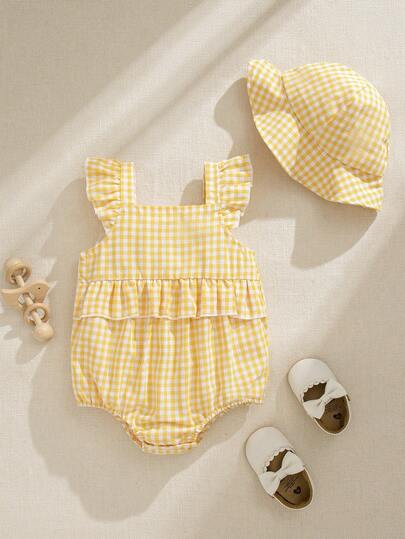 Souflis Souflis Baby Girls' Summer New Sleeveless Off-Shoulder Ruffle Trim Bodysuit With Bucket Hat