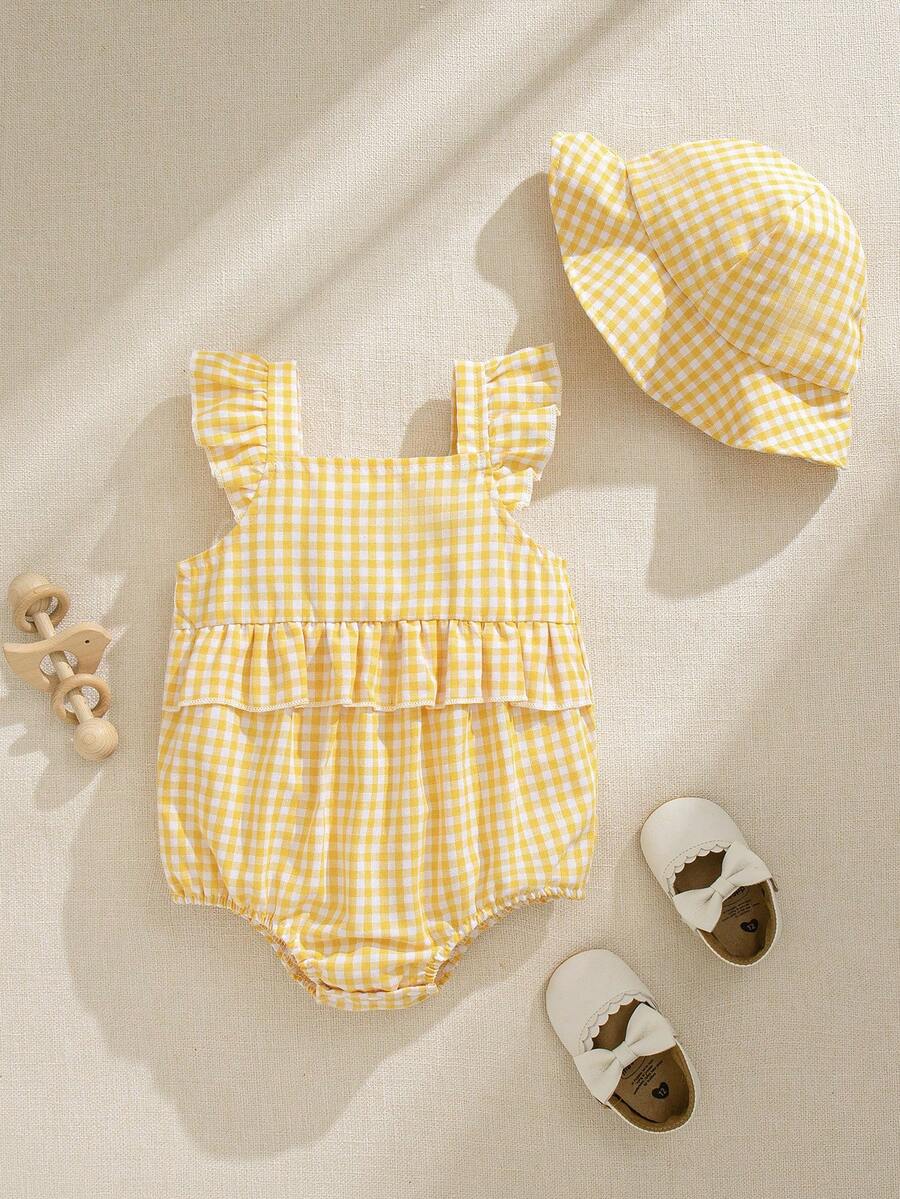 Souflis Souflis Baby Girls' Summer New Sleeveless Off-Shoulder Ruffle Trim Bodysuit With Bucket Hat - Yellow - View 1