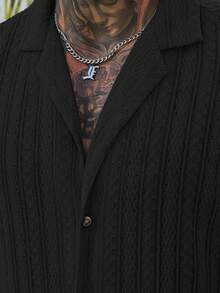 Genlund 男士米色镂空针织提花条纹短袖衬衫短裤套装，男士度假装，男士两件套，男士休闲两件套针织套装，男士服装套装，假日 - 黑色 - 查看 3