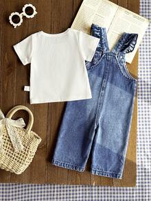 SHEIN Vintaside Kids 1件女婴蓝色牛仔休闲可爱刺绣花卉吊带连体裤，适合外出和派对穿着 - 藍色 - 查看 2