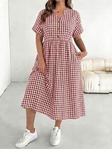 SHEIN Essnce Plus Size Plaid Minimalist Pocket Dress - Red and White - View 4