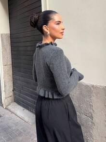 Marta Soriano 分层荷叶边下摆针织开衫，时尚甜美，百搭套头毛衣 - 灰色 - 查看 6