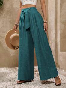 EMERY ROSE Pantalones anchos de pierna ancha con nudo en la cintura de unicolor para vacaciones de mujer - Agua verde azul - Ver 5