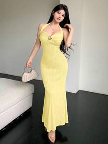 Celisse Đầm maxi đuôi cá cổ yếm màu trơn thanh lịch dành cho nữ, chất liệu cao cấp, kiểu dáng liền thân, đầm nàng tiên cá, đầm mới màu vàng, trang phục dự tiệc. - Màu vàng - Xem 4