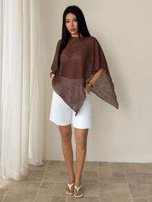 SHEIN PETITE Áo choàng liền thân dệt kim jacquard màu nâu thời trang, đa năng, khoét rỗng, kiểu dáng yếm, cổ yếm, thích hợp mặc đi nghỉ mát, nhẹ nhàng. - Cà phê nâu - Xem 4