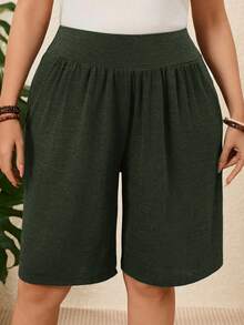 EMERY ROSE 2pcs/Set Plus Size Women's Summer Casual Knee Length Shorts With Pockets,Dark Green,Curve,Smart Casual,Loungewear,Vacation Outfits,Holiday Outfits - Multicolor - View 6