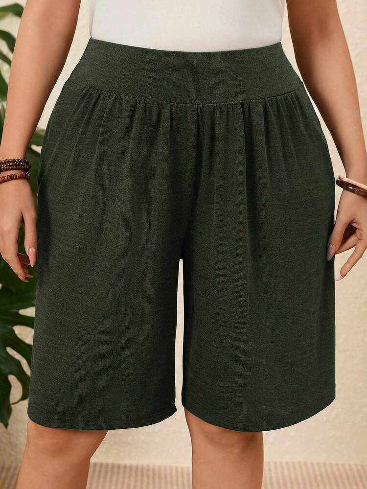 2pcs/Set  Plus Size Women's Summer Casual Vacation Country Knee Length Shorts, Black + Army Green Shorts  With Pockets,Summer Outfits For Women ,Vacation Outfits Women ,Holiday Outfits For Women,Going Out Outfits,2026 New Clothes,Simple And Fashionable For Everyday Wear,Suitable For Summer, Vacation, Daily Wear, Festival Outfits For Women