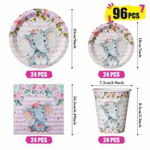 Bộ đồ dùng tiệc dùng một lần hình voi hồng và hoa, gồm đĩa, khăn ăn và cốc, phục vụ 24 người, thích hợp cho sinh nhật, đám cưới, tiệc theo chủ đề, dã ngoại gia đình. - Xem 6