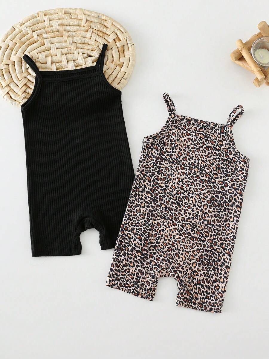 2pcs Cute Vintage Leopard Print Baby Girl Casual Strap Romper, Suitable For Spring/Summer - Multicolor - View 1