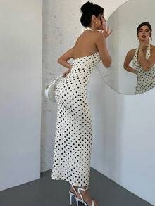 Firerie 新款春夏优雅浪漫复古波点印花V领收腰修身长款连衣裙，适合约会、度假、日常出行 - 米色 - 查看 5