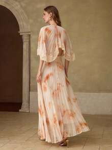 MOTF PREMIUM ROMANTIC PLEATED LACE PRINTED LONG DRESS, SUITABLE FOR SPRING/SUMMER DATES - Orange - View 3