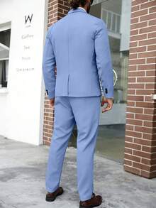 Manfinity Mode Men Plus Size Solid Color Lapel Collar Slim Fit Business Formal Suit Blazer And Pants Set, Ceremony - Blue - View 2