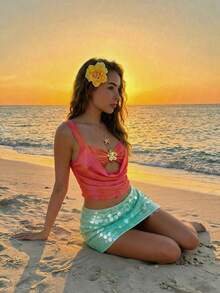 Aloruh 优雅性感度假风短袖露脐上衣，饰有金属3D立体花卉装饰，深V领口网纱透视橙色印花衬衫，沙滩度假装 - 橘色 - 查看 1