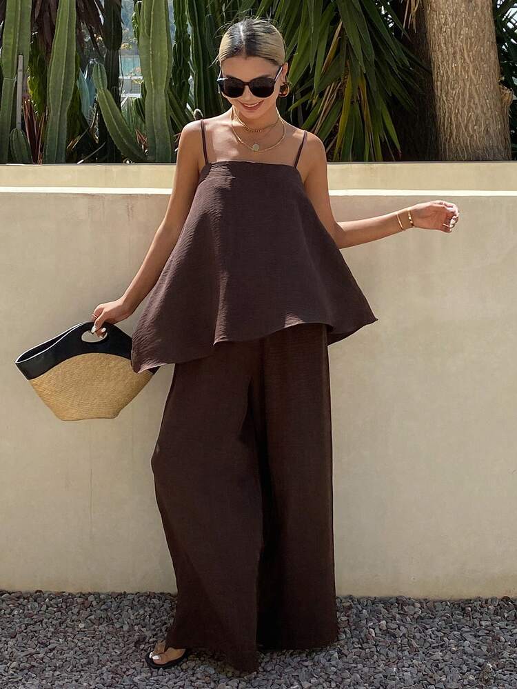 Women's Summer Vacation Outfit, Loose Camisole Top And Casual Pants 2 Pieces Set