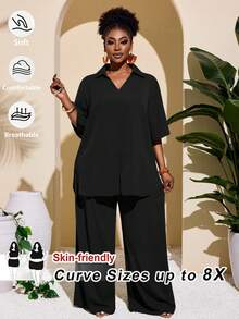 SHEIN CURVE+ 大尺碼女款黑色短袖上衣式寬腿褲開衩褲腳通勤正式寬鬆度假春夏季兩件套休閒居家服 - 黑色 - 查看 1