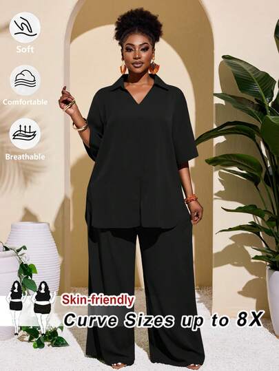 SHEIN CURVE+ 大码女式黑色短袖衬衫式阔腿裤开衩裤脚通勤春夏轻薄度假两件套