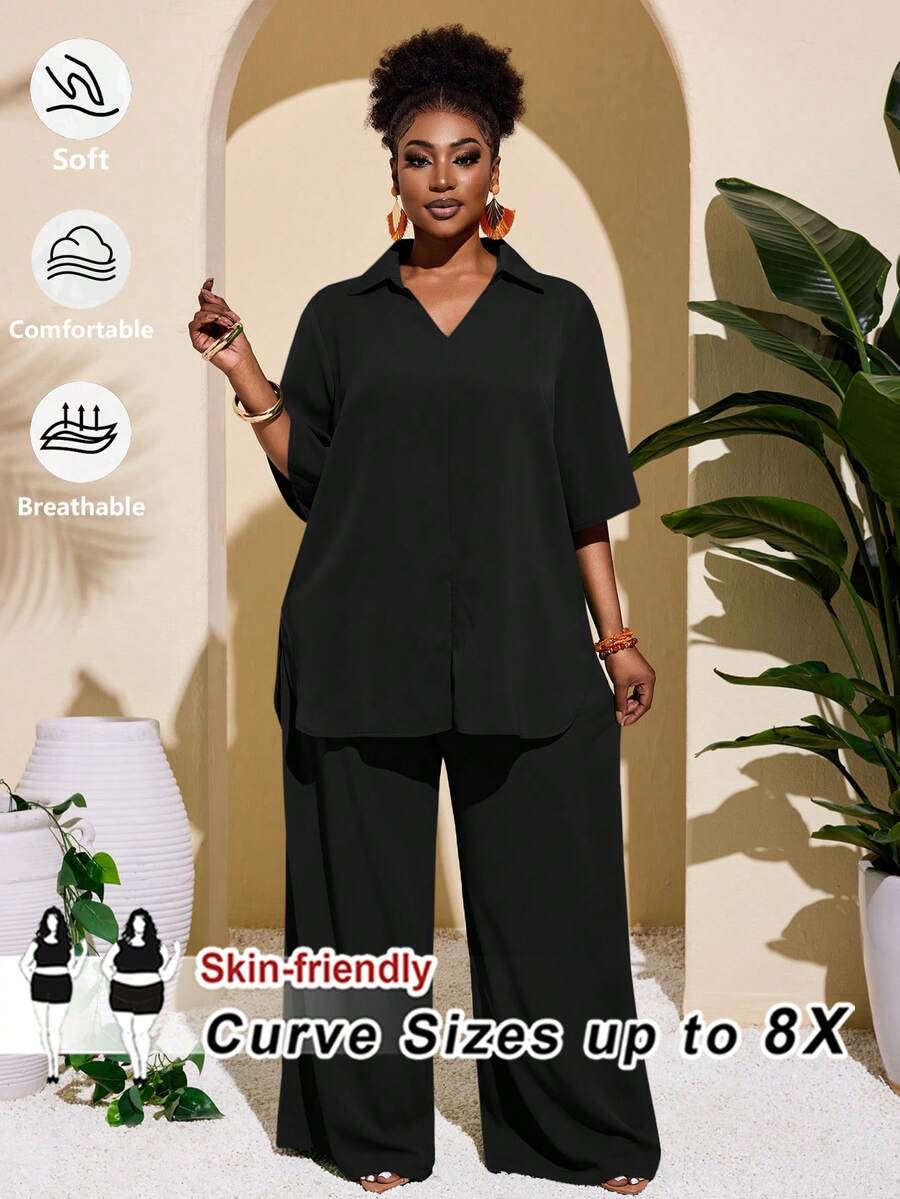 SHEIN CURVE+ 大尺碼女款黑色短袖上衣式寬腿褲開衩褲腳通勤正式寬鬆度假春夏季兩件套休閒居家服 - 黑色 - 查看 1