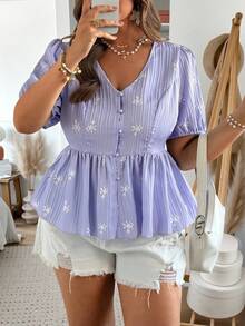 Ceyna Plus Size Women's Lavender Summer Elegant Blouse,Textured Printed V-Neck Short Sleeve Babydoll Tops,Tea Party Wedding Guest Casual Holiday Dress Tops - Mauve Purple - View 4