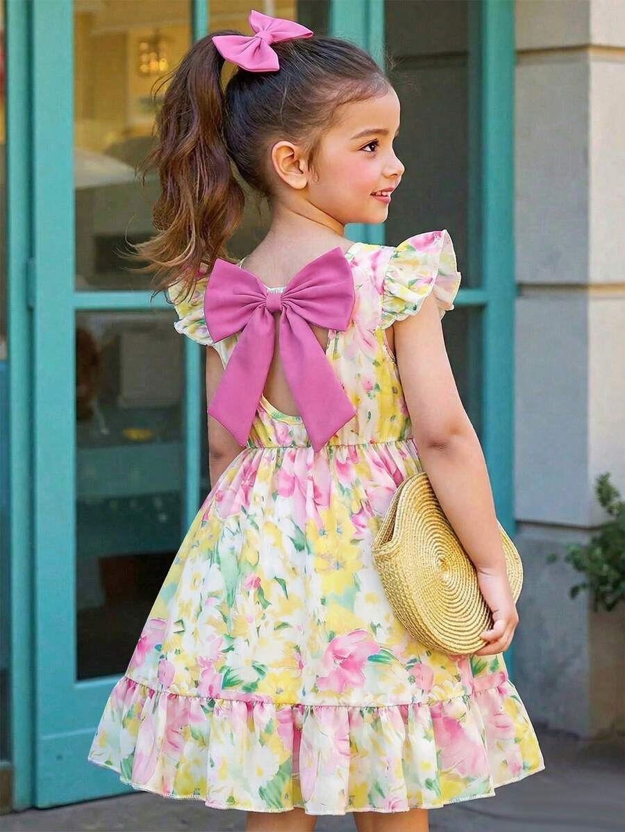 SHEIN Elladie kids 少女夏季碎花圆领喇叭袖露背蝴蝶结腰带荷叶边下摆休闲优雅连衣裙，适合休闲、度假、旅行、田园风格 - 彩色 - 查看 1
