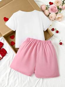 Conjunto de verano dulce y enérgico para niñas preadolescentes, camiseta de manga corta bicolor roja y blanca con gran lazo y decoración de perlas falsas + pantalones falda asimétrica, adecuado para salidas, actuaciones, citas - Rosa - Ver 2