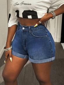 SHEIN SXY Quần short denim nữ cỡ lớn, có túi và khuy cài, kiểu dáng thường ngày, đa năng. - Rửa tối - Xem 6