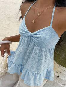 Flirla Maglietta casual versatile da donna con motivo floreale, arricciatura e collo alla halter - Blu - Visualizzare 4