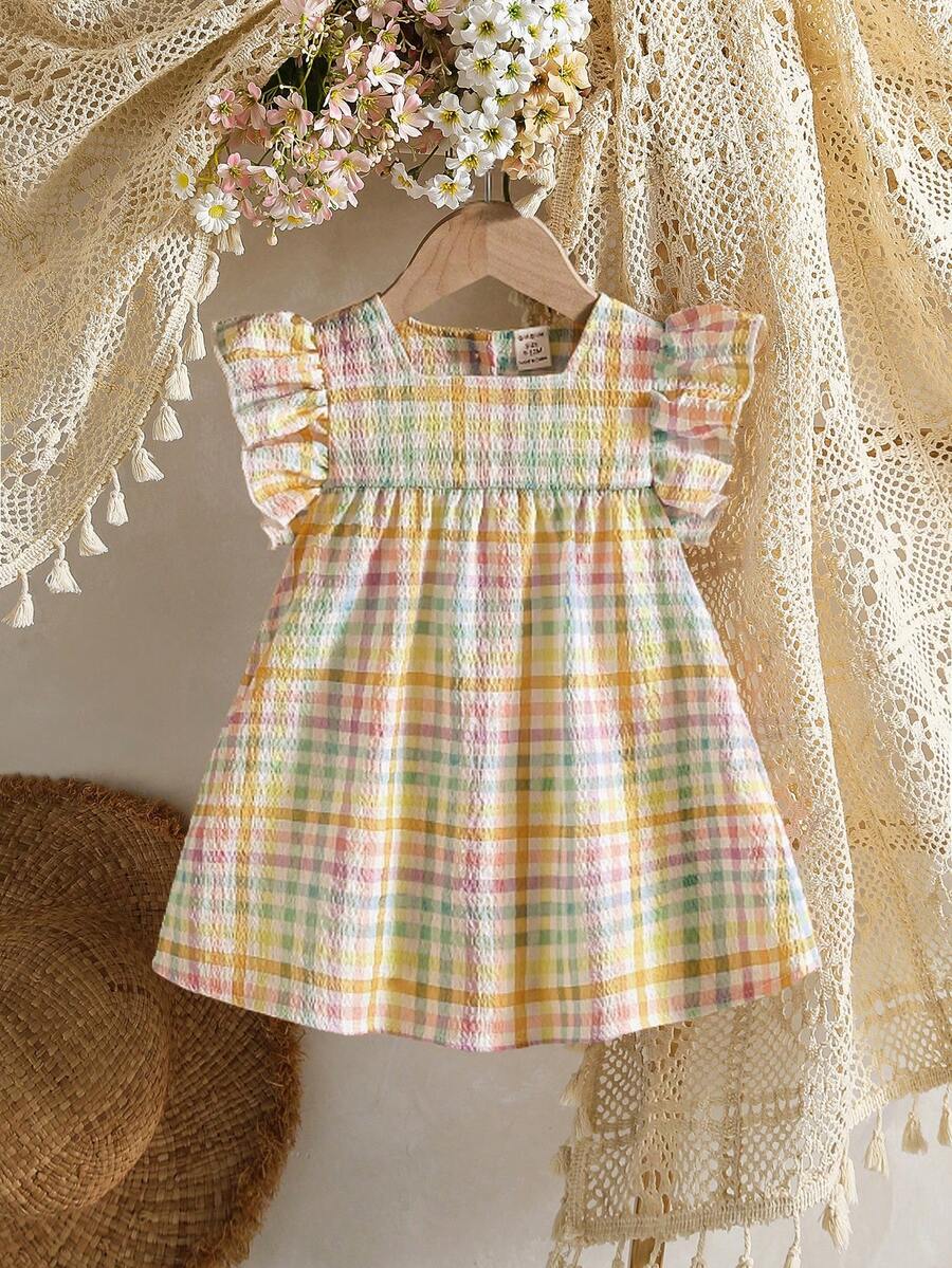SHEIN Vintaside Kids 女嬰可愛粉綠格紋短袖迷你洋裝 夏日度假田園風清新圖案輕盈剪裁 適合戶外休閒派對 - 彩色 - 查看 1