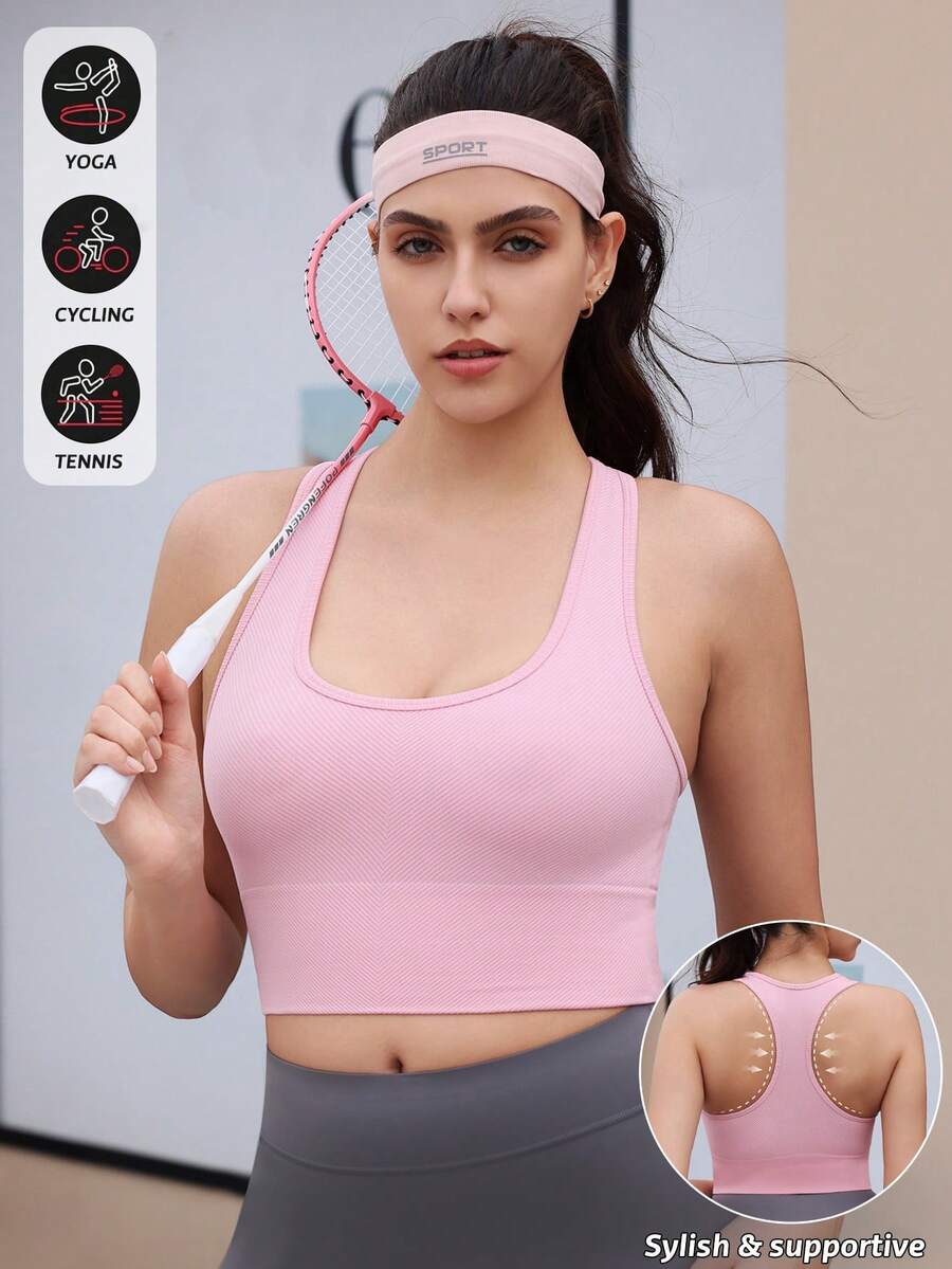 Yoga Basic Sujetador deportivo sin costuras de unicolor con espalda de tirantes - Rosa - Ver 1