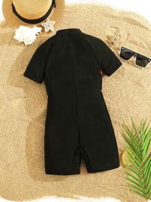 SHEIN Young Boy Color Block Round Neck Short Sleeve One-Piece Knit Swimsuit,Kids - Orange - View 4