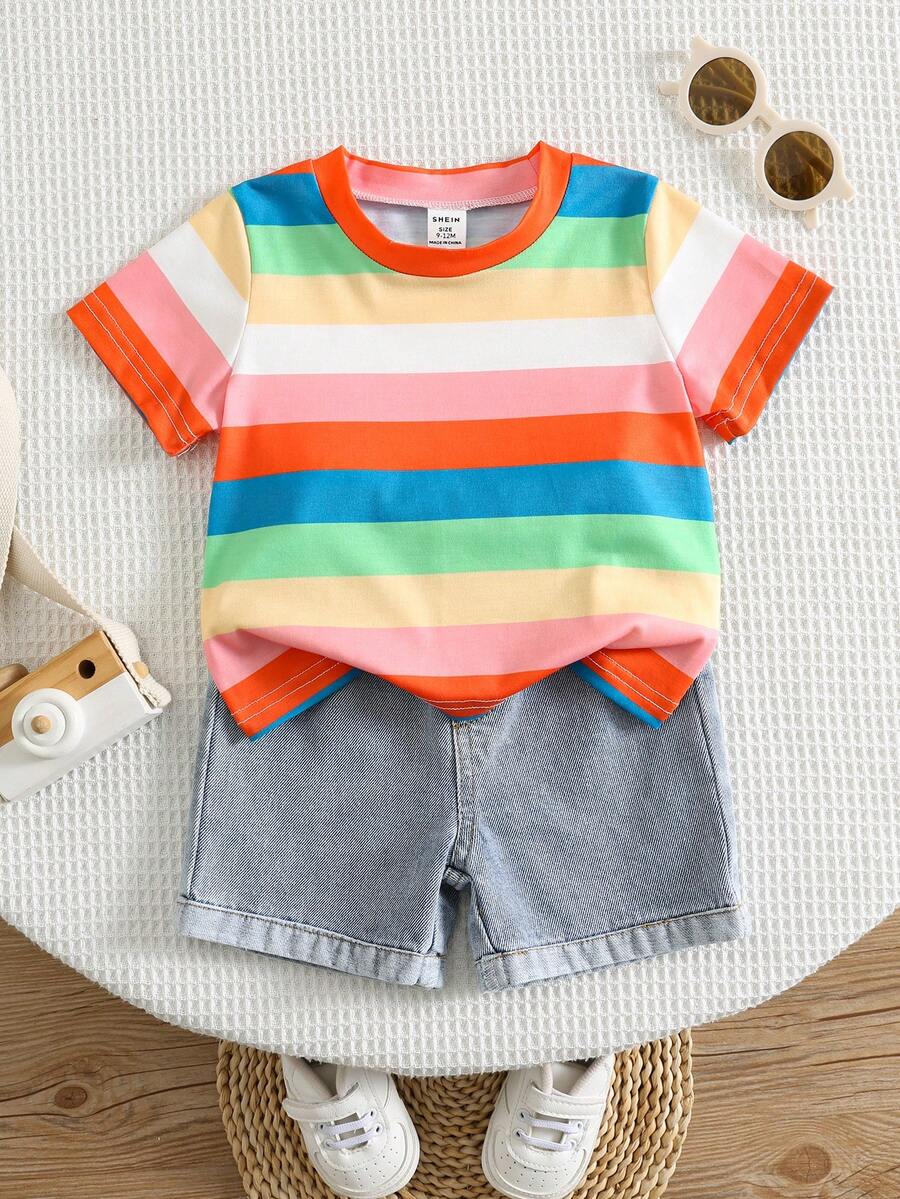 SHEIN 2pcs/Set Baby Boy Summer Casual Colorful Striped T-Shirt And Blue Denim Shorts Set - Multicolor - View 1