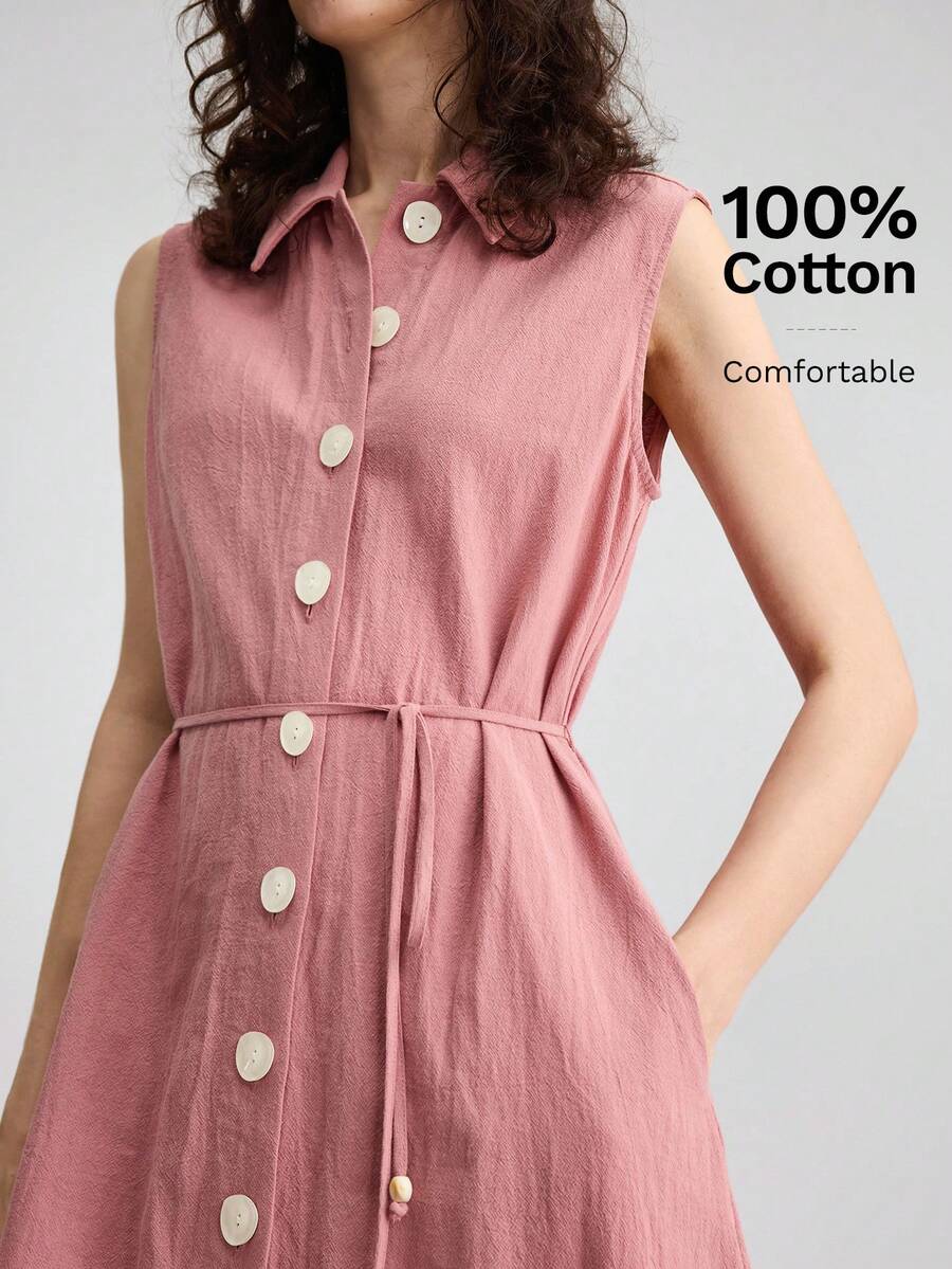 Ontre 女士西瓜红舒适柔软面料修身翻领插肩袖前开衩腰带设计，饰有串珠装饰和树脂纽扣，现代度假波西米亚风，休闲优雅低调复古高端邮轮穿搭，简约奢华品质必备单品，时尚商务休闲都市连衣裙，办公室通勤装，高品质机场穿搭，百搭季节性连衣裙，度假系列连衣裙 - 西瓜粉 - 查看 1