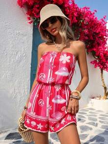 Vivid Eden 女士度假风彩色印花抹胸连体裤，度假风，度假穿搭，女士波西米亚风无肩带抹胸连体裤，热带印花沙滩度假连体裤，红色花卉海洋印花抹胸连体裤，度假风无肩带抹胸连体裤，无肩带连体裤，热带印花，沙滩装，夏季沙滩，海星，女士沙滩套装，夏季女士连体裤 - 粉色 - 查看 4