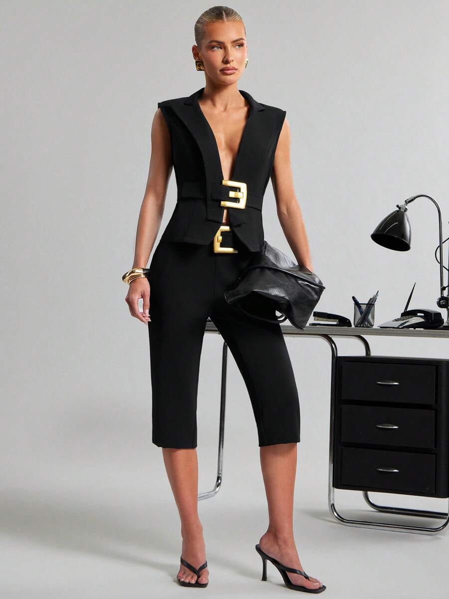 Hauture Pantalones capri casuales y sexys para oficina con diseño de hebilla de metal dorado para mujeres - Negro - Ver 1